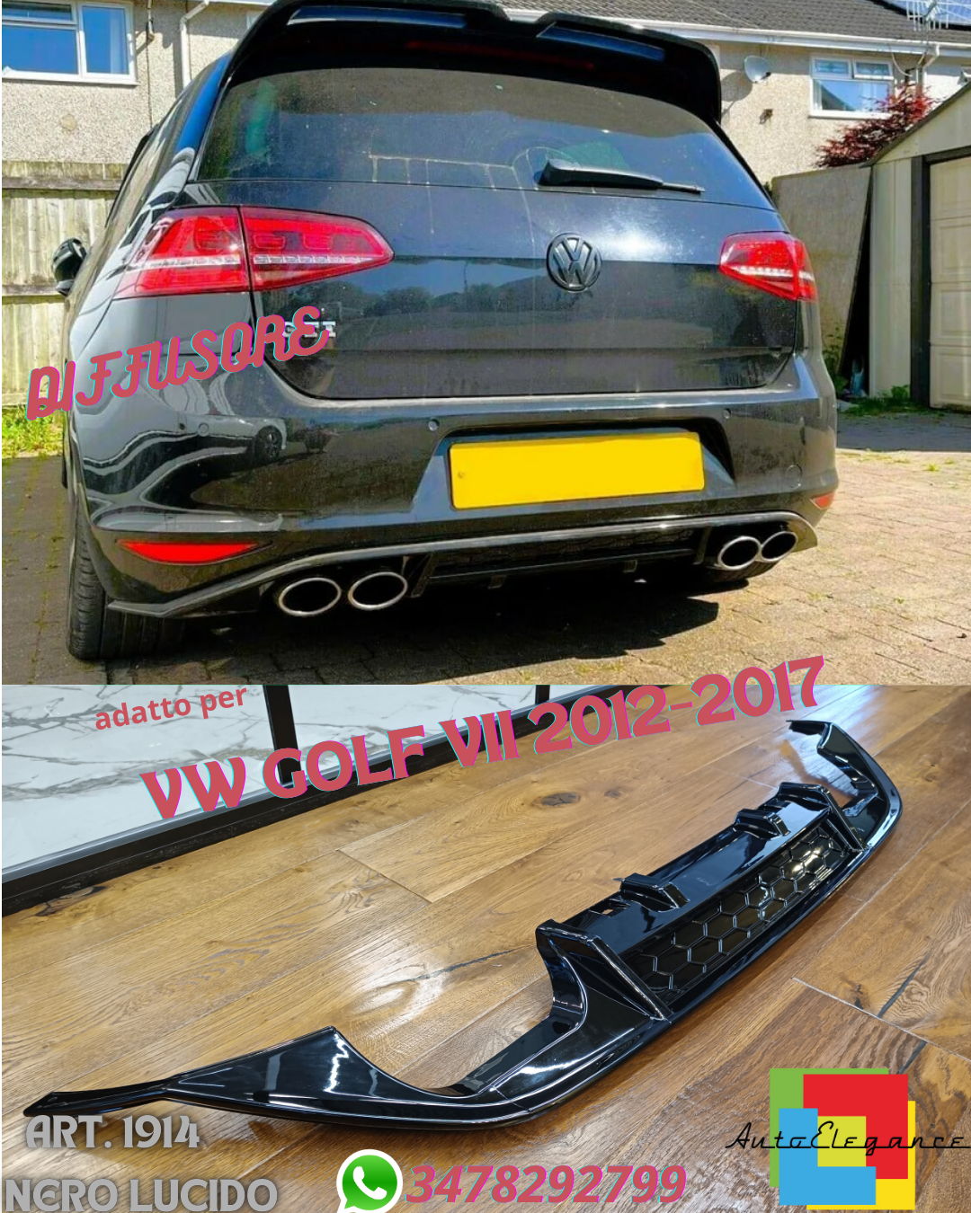☀DIFFUSORE ADATTO PER VW GOLF 7 2012-2017 GTI NERO LUCIDO 2+2 (NIDO APE)☀
