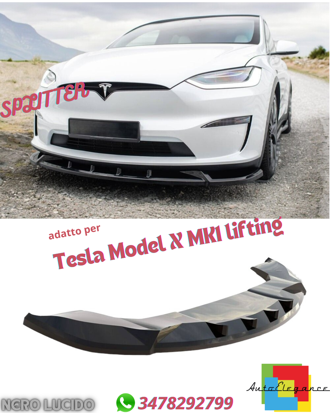 ✔️SPLITTER ANTERIORE ADATTO PER TESLA MODEL X MK1 LIFTING NERO LUCIDO✔️