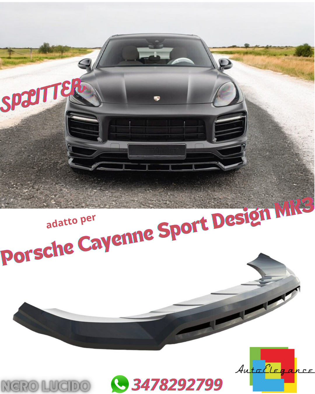✔️SPLITTER ANTERIORE ADATTO PER PORSCHE CAYENNE SPORT DESIGN MK3 NERO LUCIDO✔️