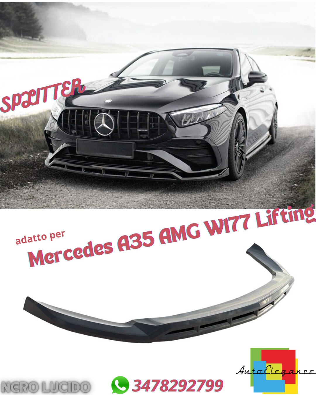 ✔️SPLITTER ANTERIORE ADATTO PER Mercedes A35 AMG W177 Lifting NERO LUCIDO✔️