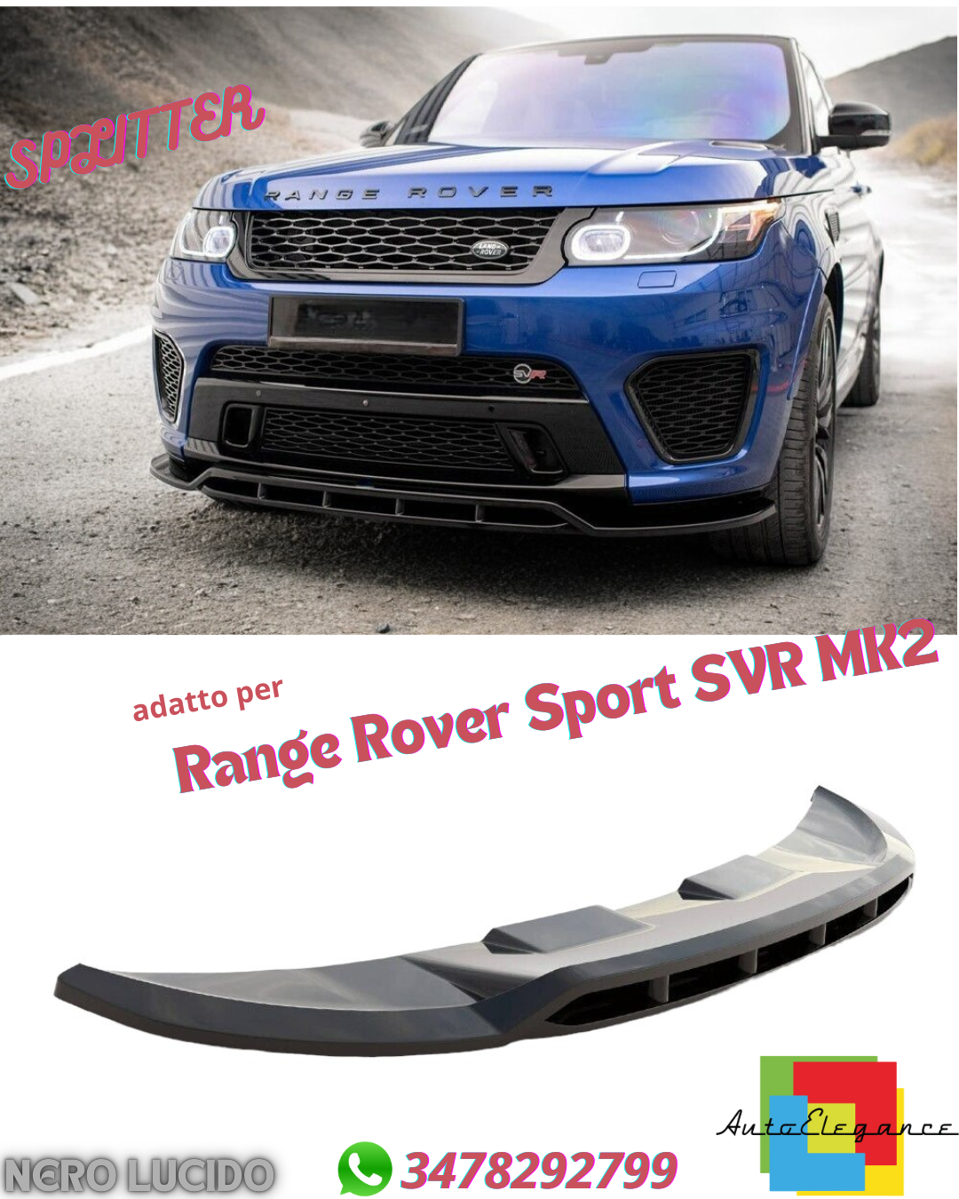 ✔️SPLITTER ANTERIORE ADATTO PER Range Rover Sport SVR MK2 NERO LUCIDO✔️