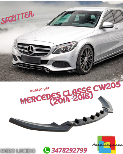 ✔️SPLITTER ANTERIORE ADATTO PER MERCEDES CLASSE CW205 2014-2018 NERO LUCIDO✔️