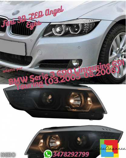 ✔️Fari 3D LED Angel Eyes adatti per BMW Serie 3 E90 E91 2005-2008 LHD Nero