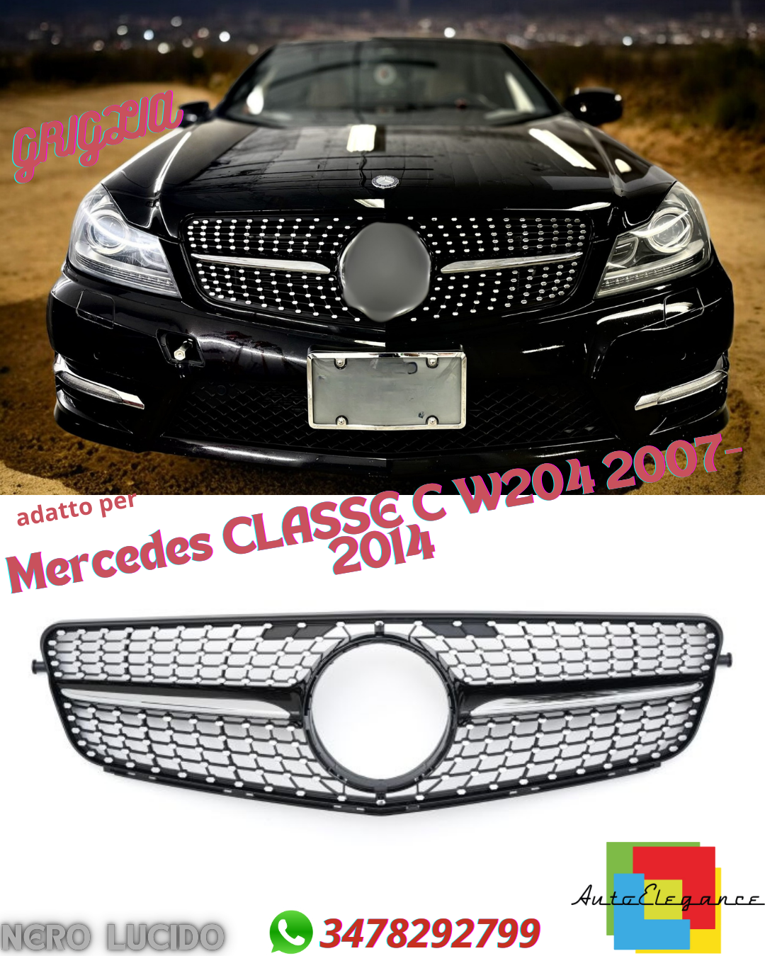 💎Griglia adatta per Mercedes CLASSE C W204 2013+ DIAMANT NERO LUCIDO💎