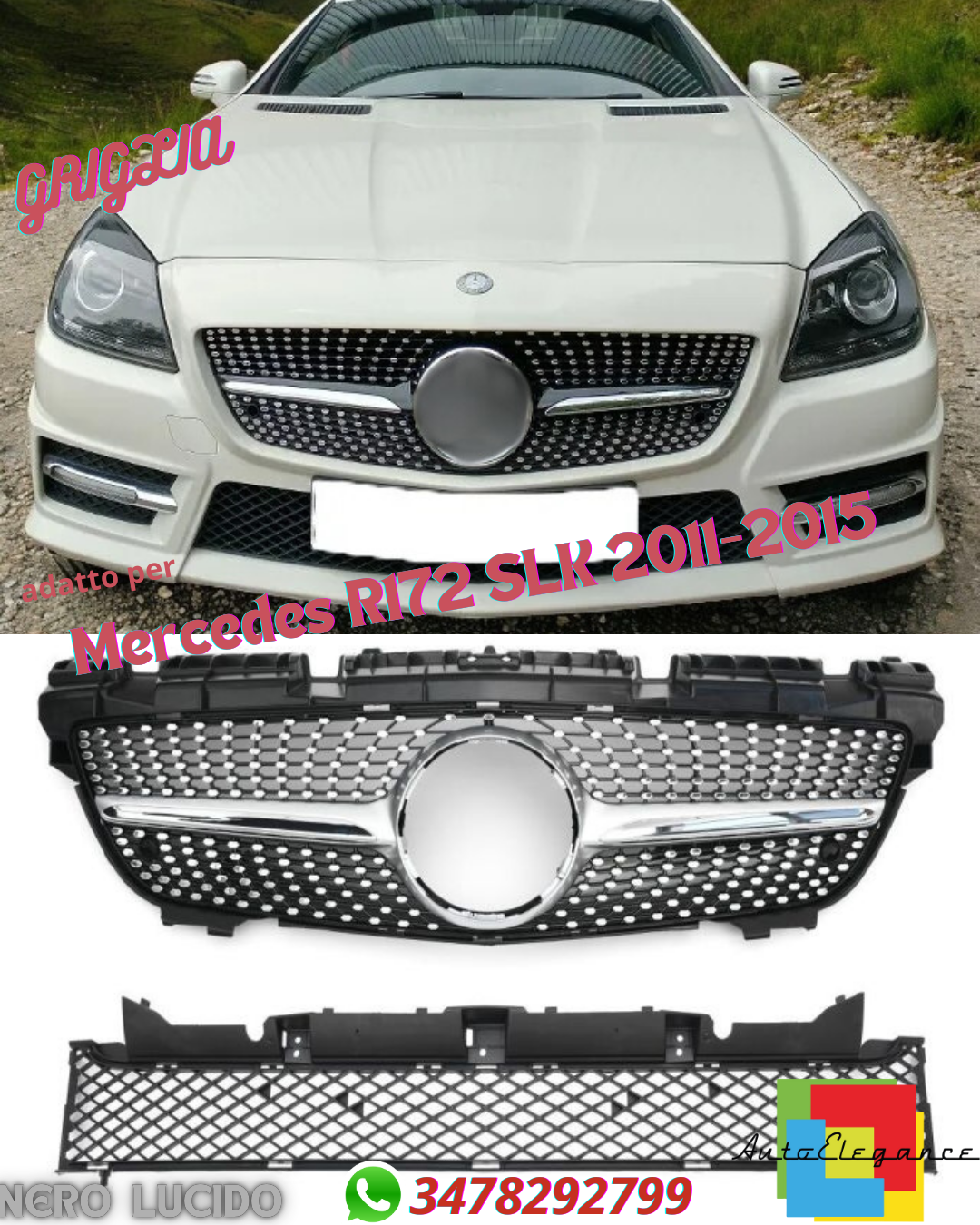 💎Griglia adatta per Mercedes R172 SLK 2011-2015 DIAMANT NERO LUCIDO💎