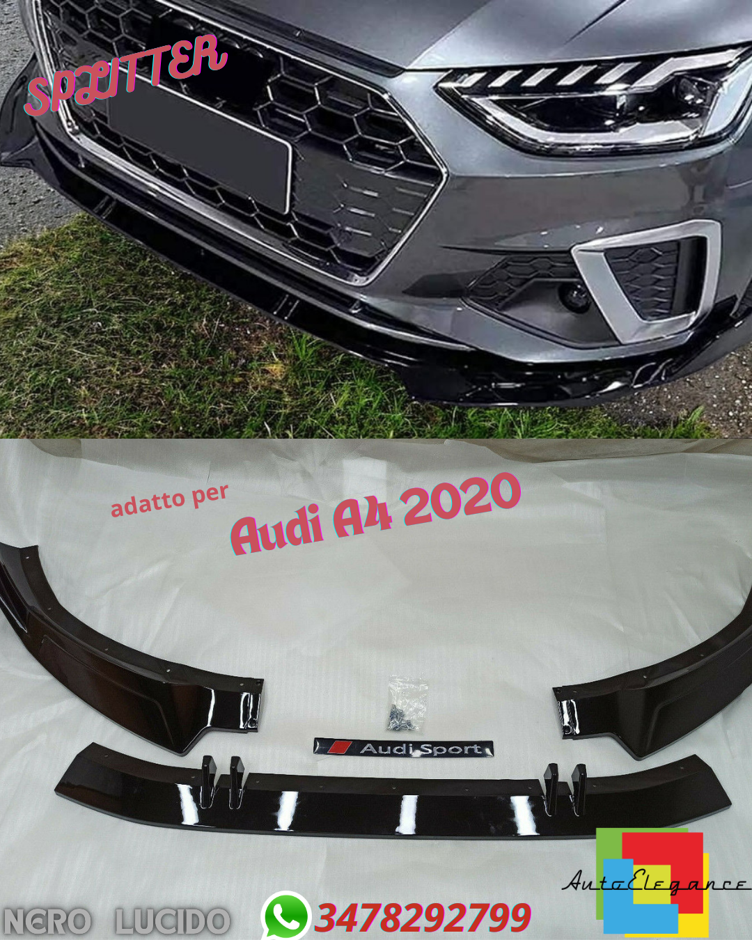 💎SPLITTER ANTERIORE ADATTO PER Audi A4 2020 NERO LUCIDO💎