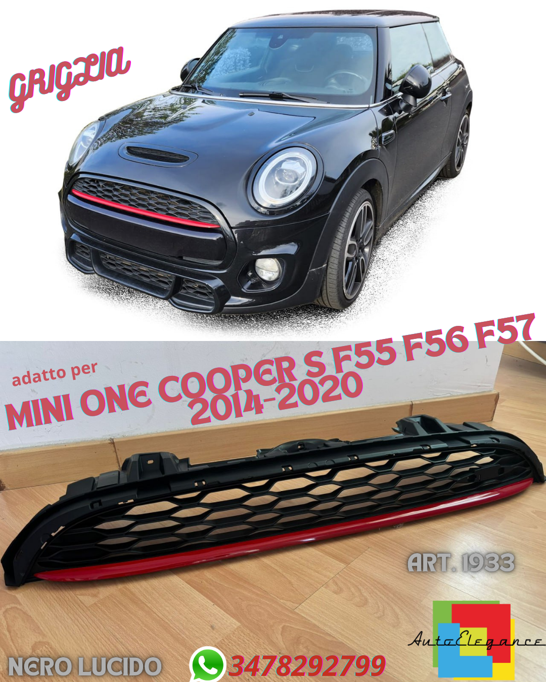 💎GRIGLIA MINI ONE COOPER S F55 F56 F57 2014-2020 LOOK SPORT NERO LUCIDO💎