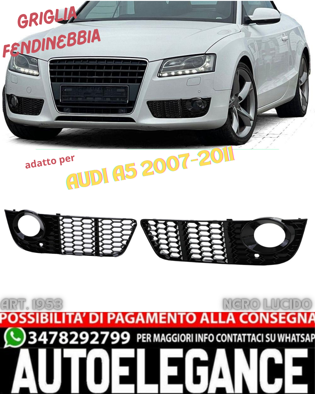 💎FOG LIGHT GRILLE SUITABLE FOR AUDI A5 2007-2011 STANDARD RS LOOK GLOSSY BLACK