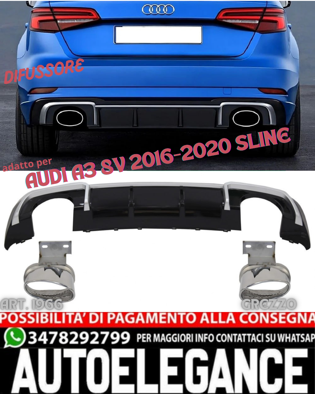 💎DIFFUSER SUITABLE FOR AUDI A3 8V 2016-2020 GLOSSY BLACK SATIN PROFILES💎