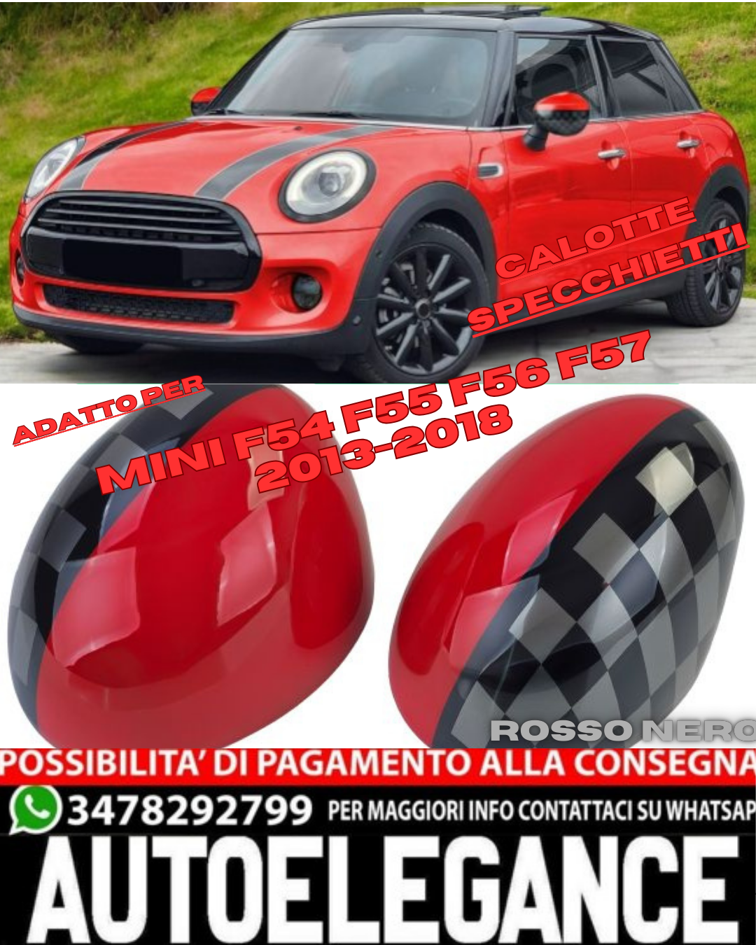 💎Calotte specchietti Performance Rosso Nero adattI per Mini F54 F55 F56 F57💎