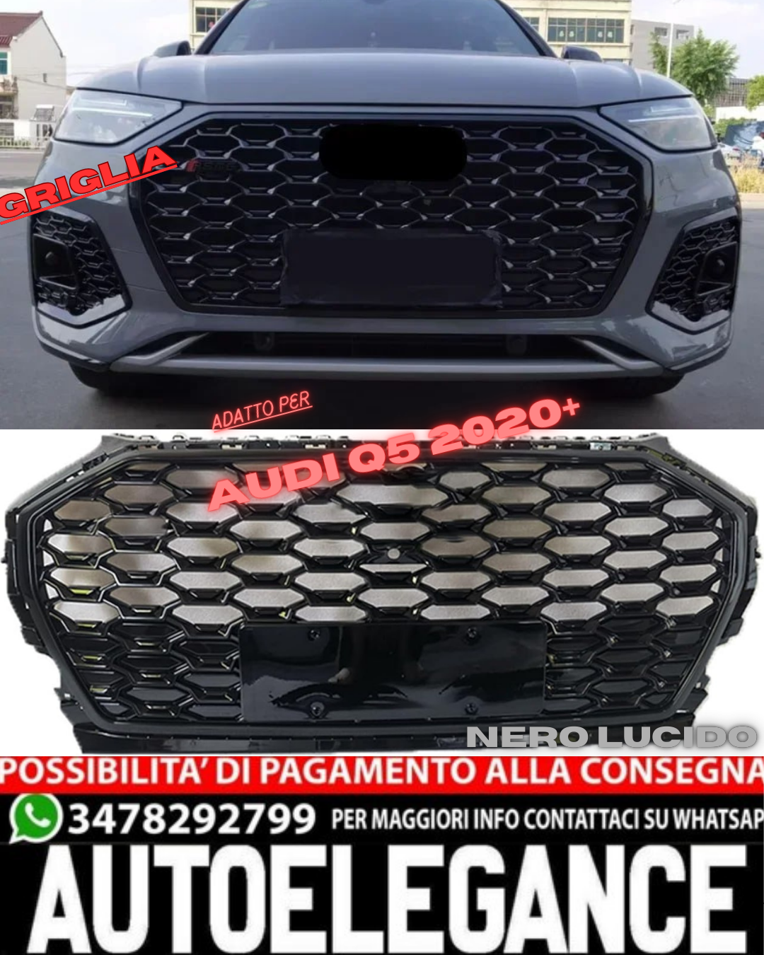🟢GRILLE SUITABLE FOR AUDI Q5 2020+ GLOSSY BLACK HONEYCOMB🟢