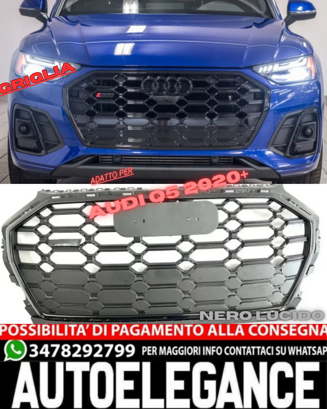 🟢GRILLE SUITABLE FOR AUDI Q5 2020+ GLOSSY BLACK HONEYCOMB🟢