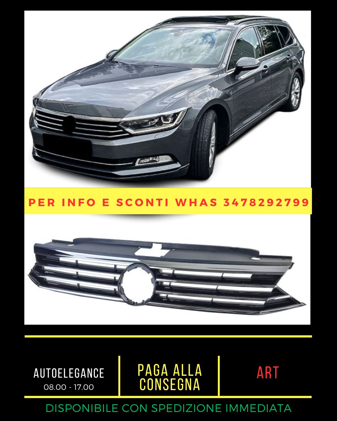Griglia del radiatore nera con strisce cromate per VW Passat B8 3G pre-restyling 2014-2019