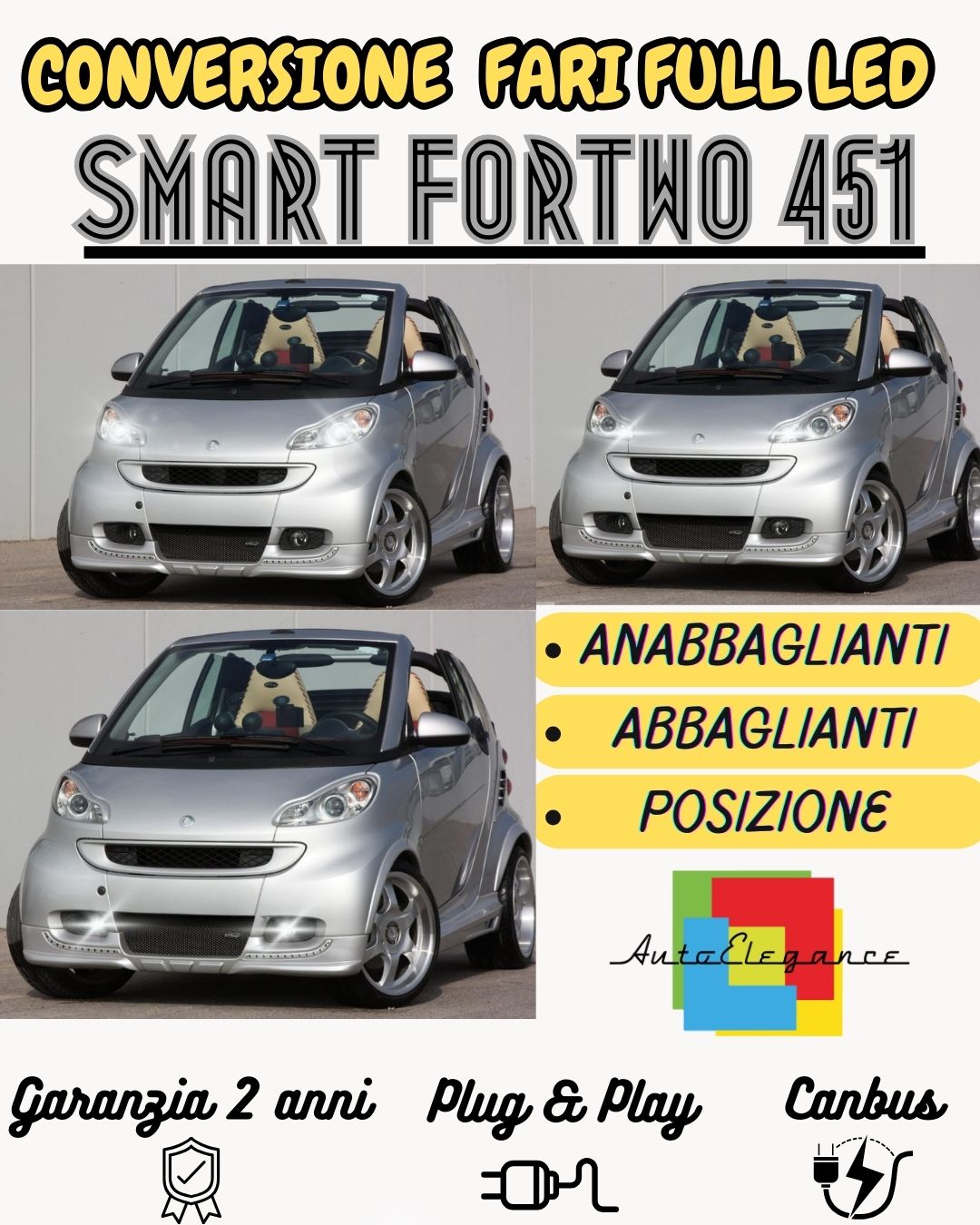 CONVERSIONE FARI FULL LED SMART FORTWO 451 LED 18400 LUMEN CANBUS BIANCO