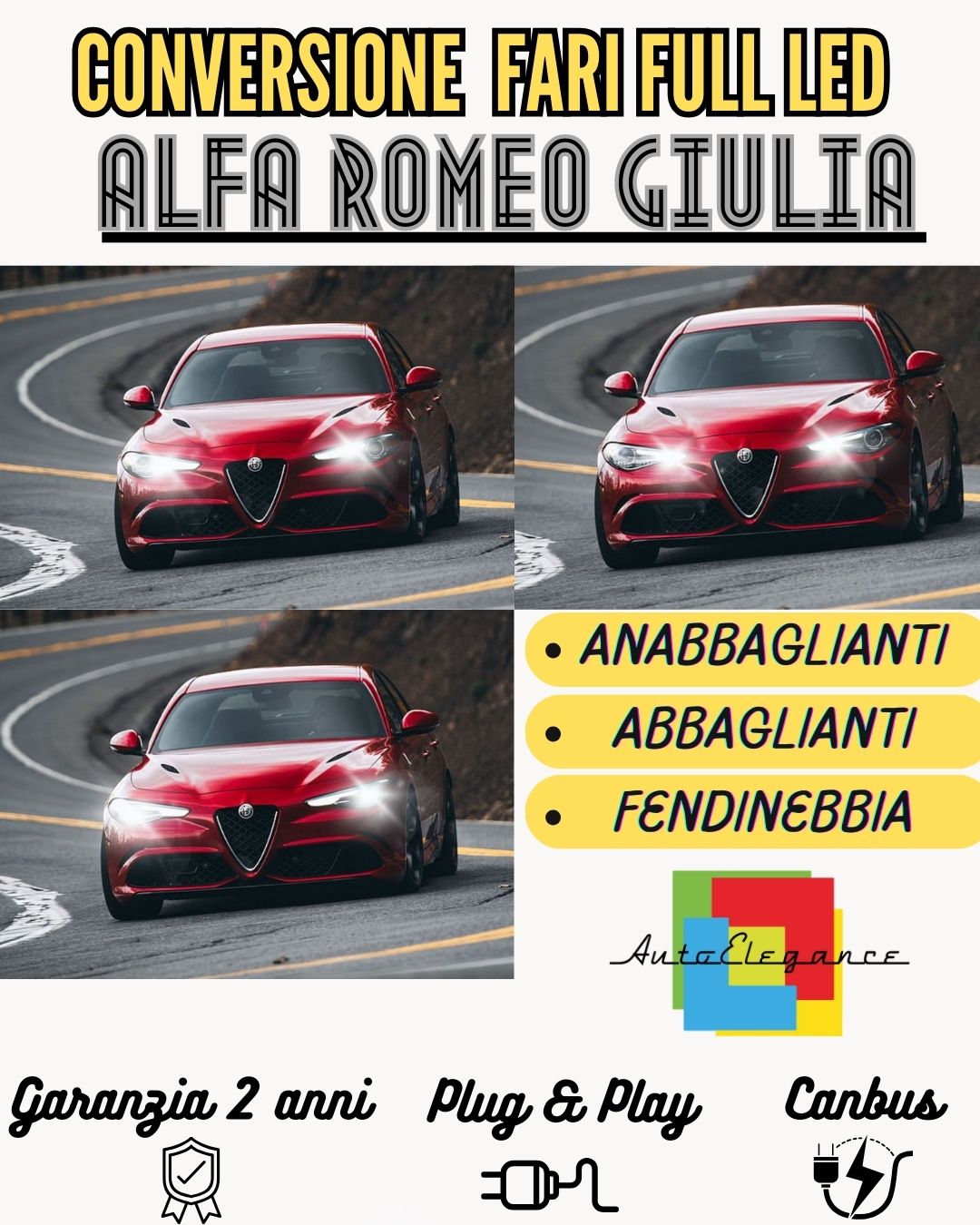 CONVERSIONE FARI FULL LED ALFA ROMEO GIULIA 17000 LUMEN 6000K BIANCO CANBUS