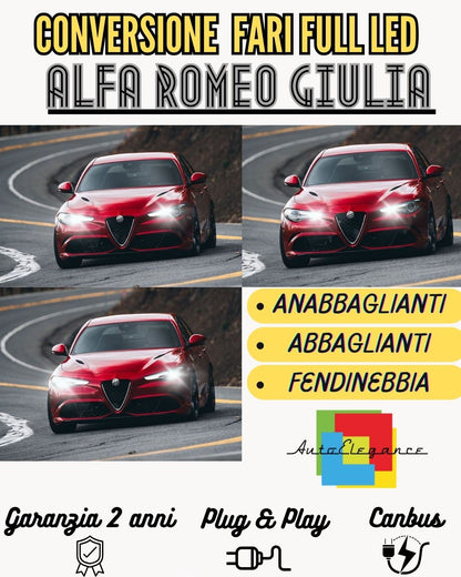 CONVERSIONE FARI FULL LED ALFA ROMEO GIULIA 17000 LUMEN 6000K BIANCO CANBUS