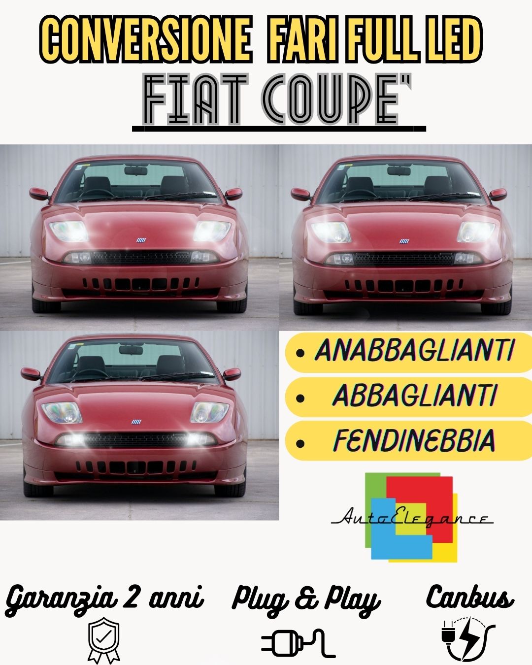 KIT CONVERSIONE FARI FULL LED FIAT COUPE' CANBUS MONOLED 16400 LUMEN 6000K