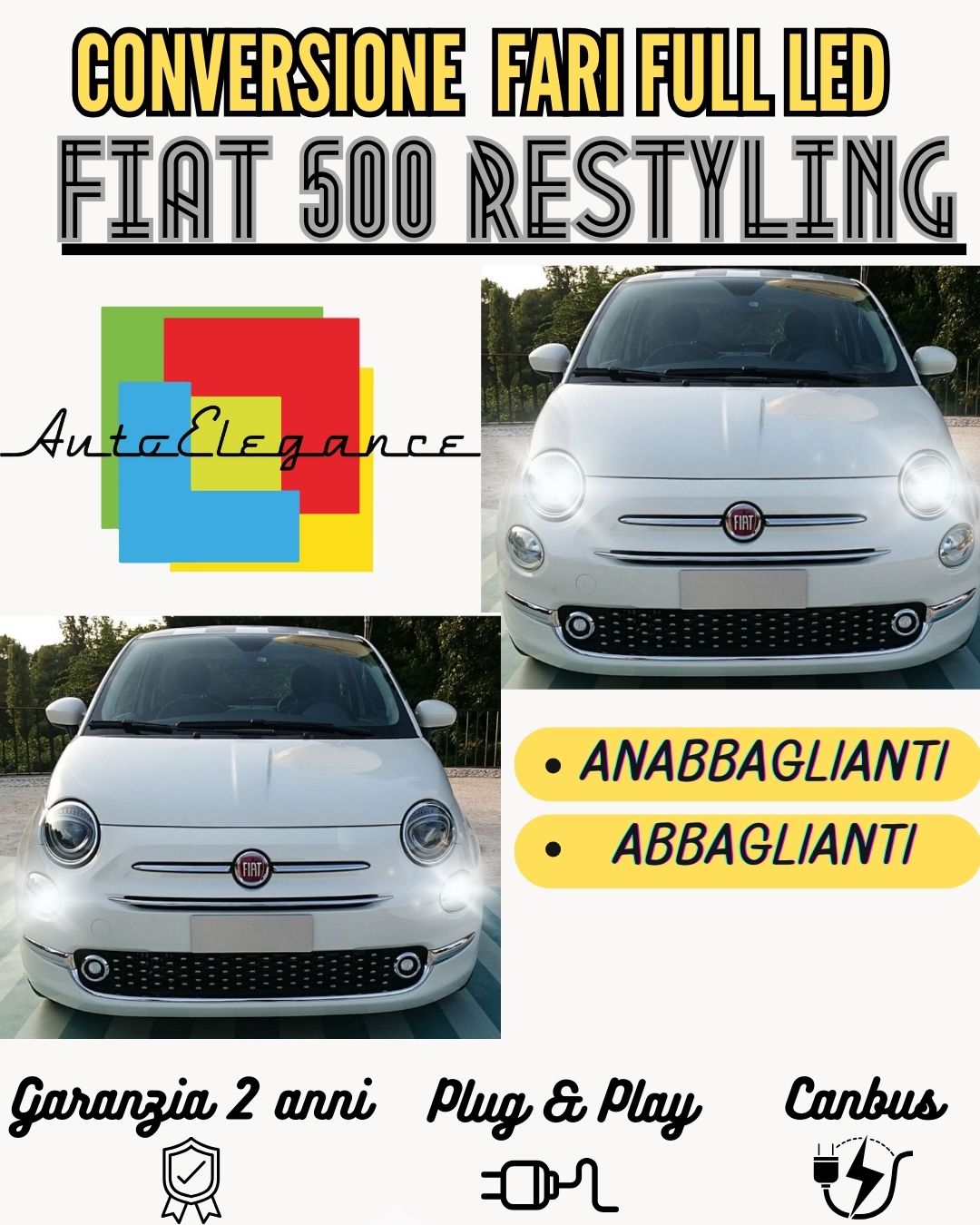 CONVERSIONE FARI FULL LED FIAT 500 RESTYLING CON FARI A PARABOLA 16200 LM 6000K