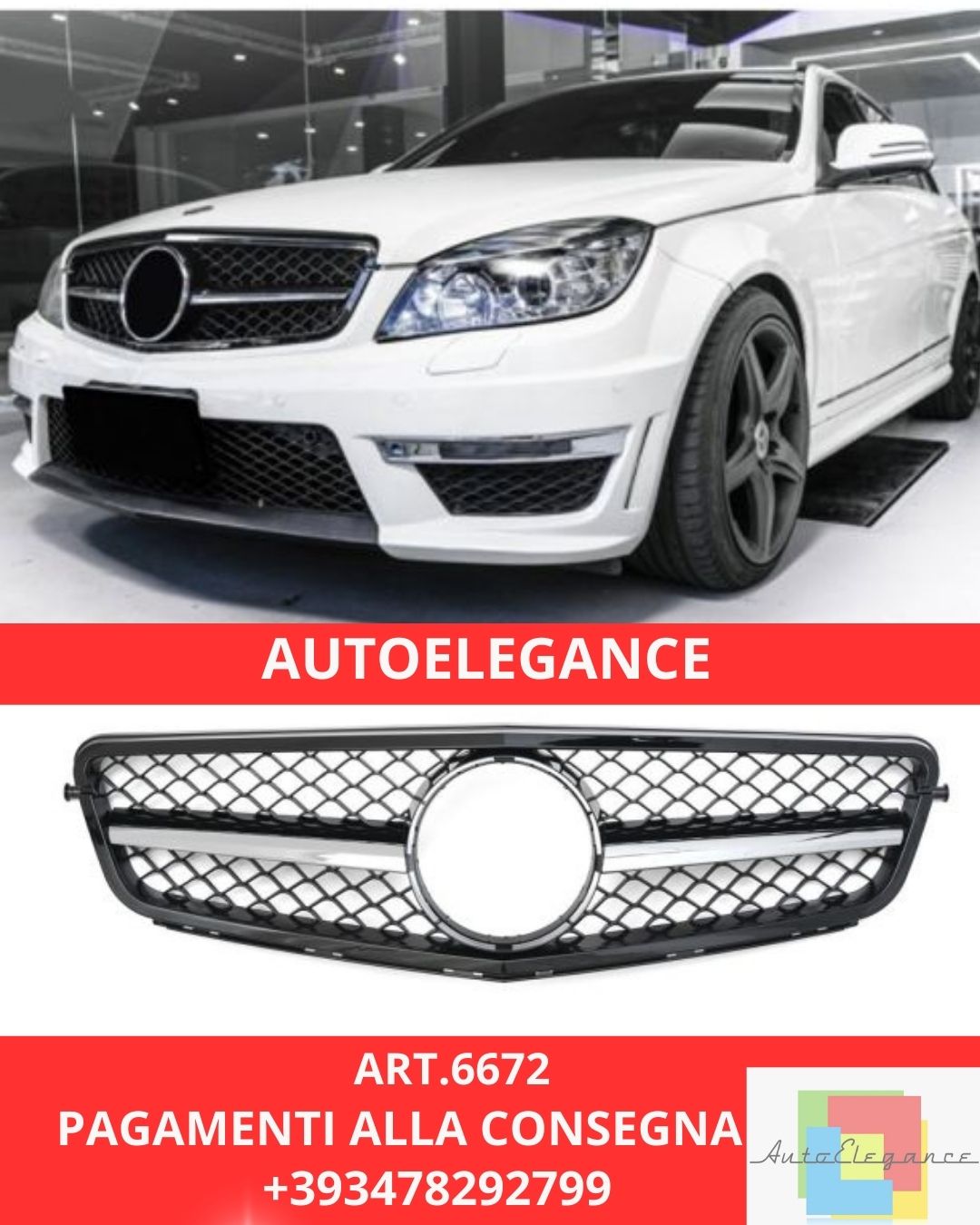😍ART.6672 Griglia Sport Adatta Per Mercedes W204 S204 Nero Cromato😍