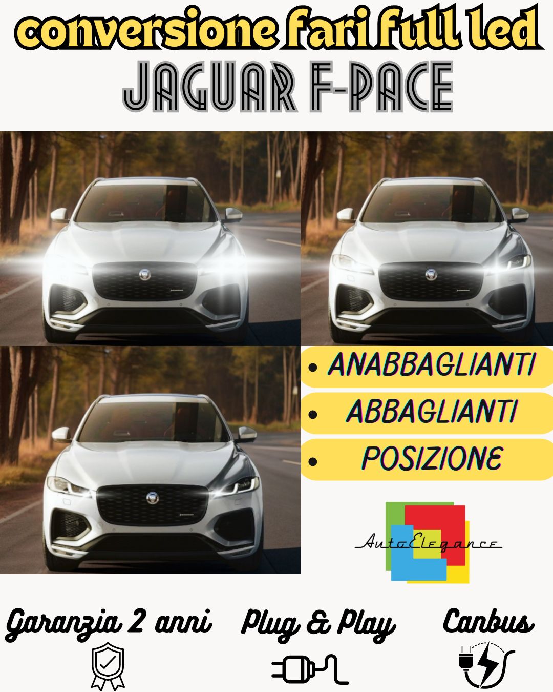 CONVERSIONE FARI FULL LED JAGUAR F-PACE 9600 LUMEN 6000K BIANCO GHIACCIO CANBUS