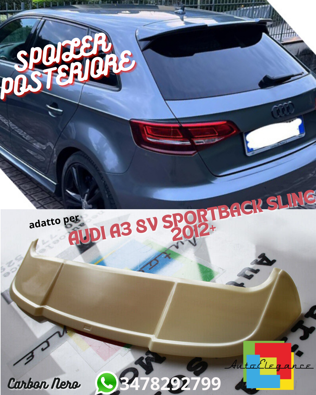 💫SPOILER TETTO ADATTO PER AUDI A3 8V SPORTBACK SLINE 2012+ RS3 LOOK ABS💫