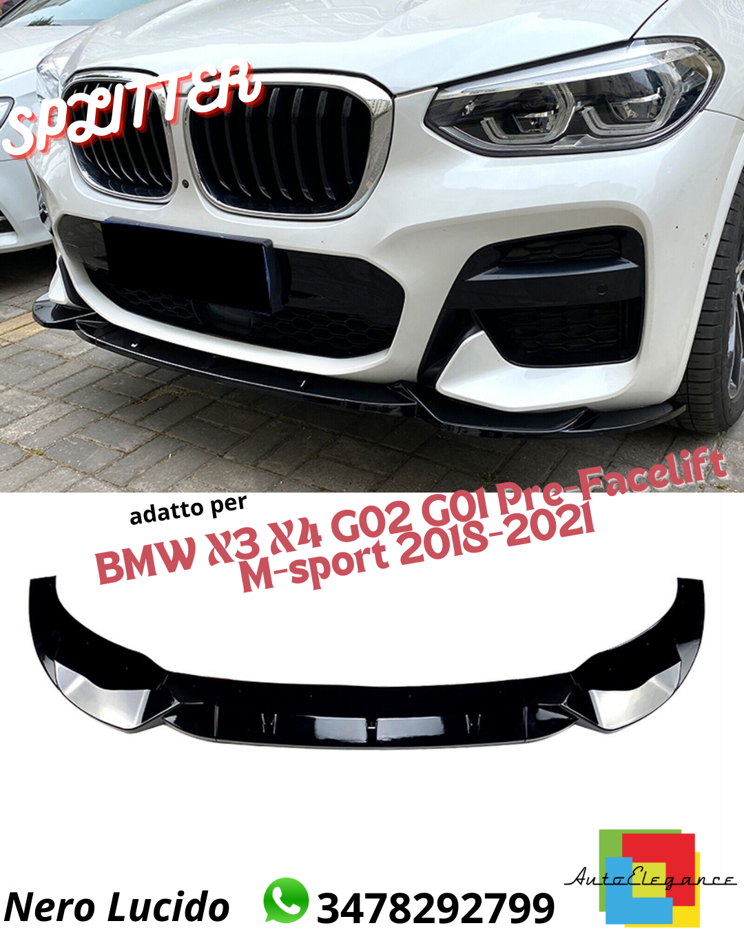 🩵SPOILER ADATTO PER BMW X3 G01 X4 G02 2018+ M SPORT NERO LUCIDO🩵