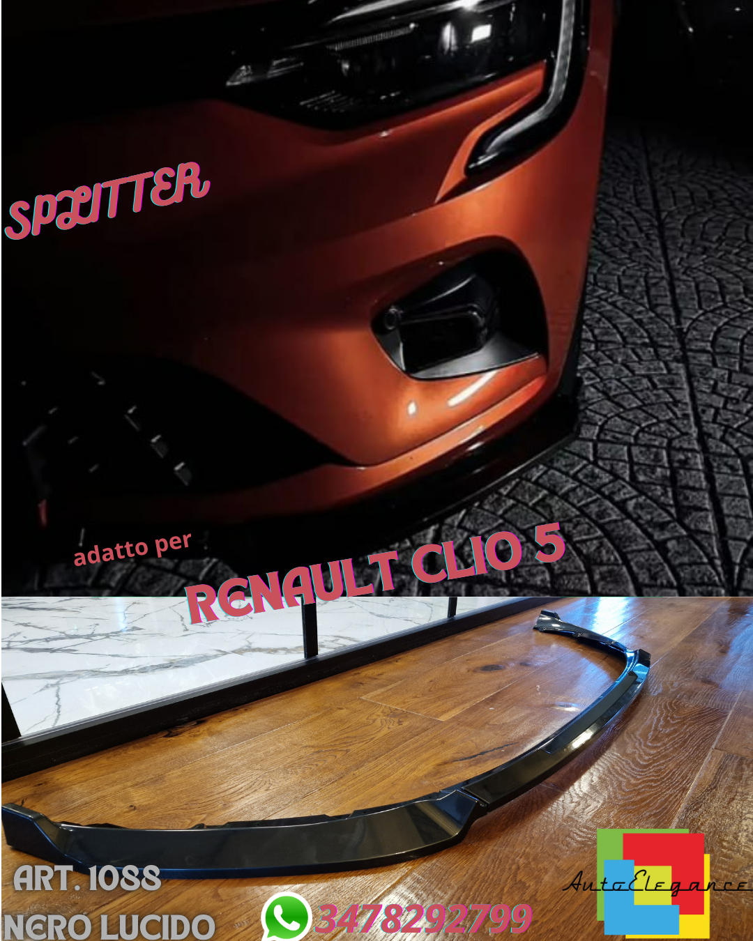 ☀SPLITTER SUITABLE FOR RENAULT CLIO 5 STANDARD LOOK EVO V1 GLOSSY BLACK 3 PIECES☀