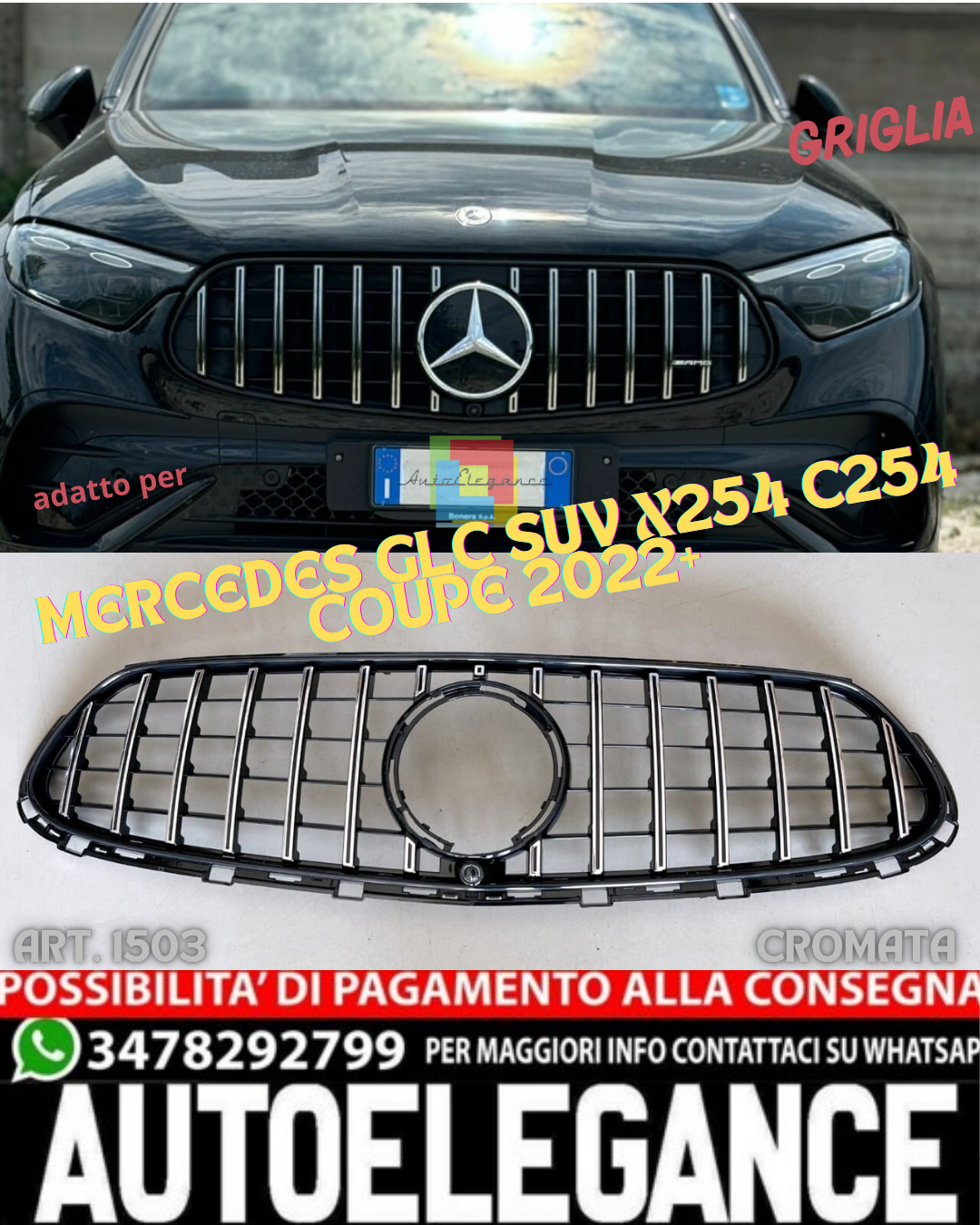 💎GRIGLIA ADATTA PER MERCEDES GLC SUV X254 C254 COUPE 2022+ AMG LOOK GT CROMATA