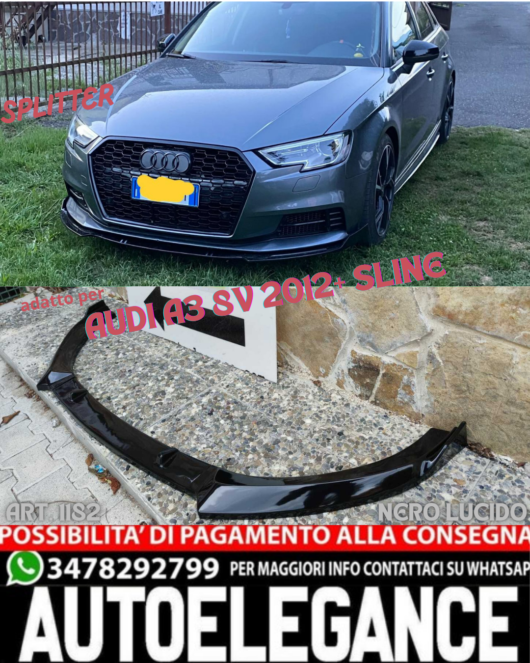 💎UNDER BUMPER SPLITTER AUDI A3 8V 2012+ SLINE ABS GLOSSY BLACK SPOILER 3 PIECES 