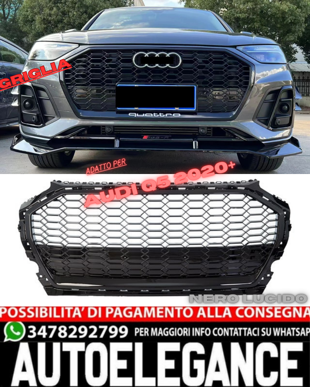🟢GRILLE SUITABLE FOR AUDI Q5 2020+ RSQ5 LOOK GLOSSY BLACK🟢