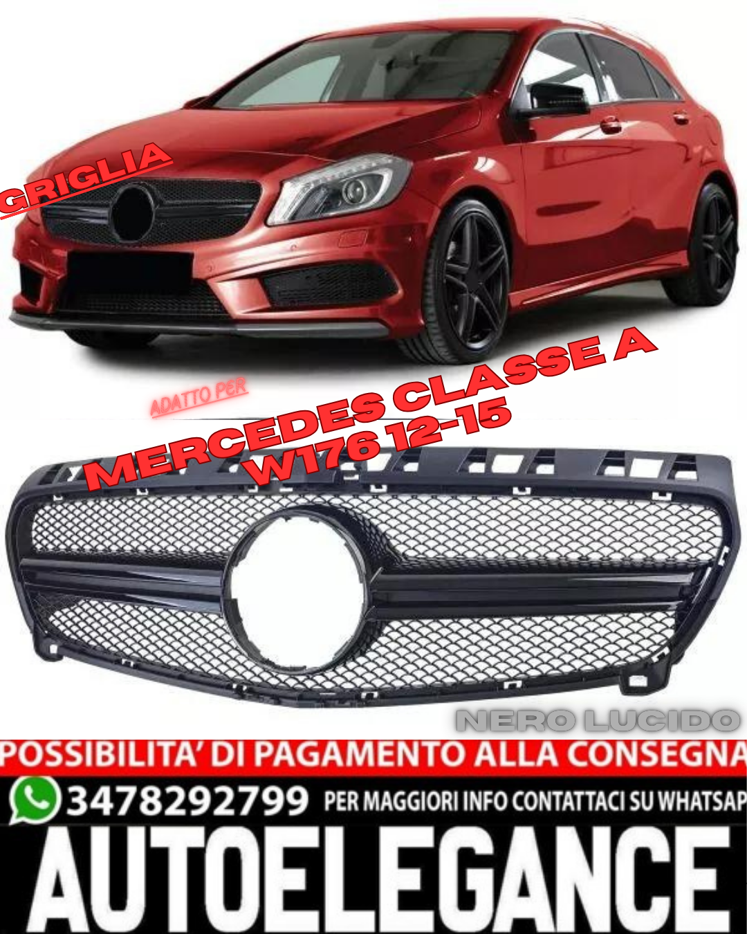 ✨Griglia Sportiva Doppia Barra Nera Lucida Per Mercedes Classe A W176 12-15✨
