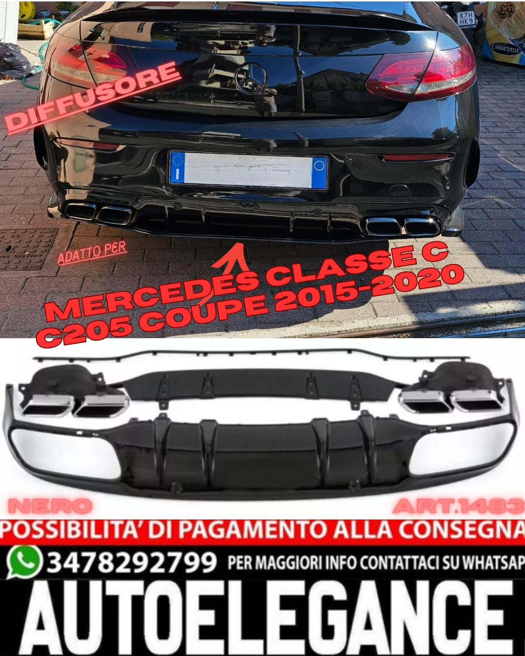 💎DIFFUSER SUITABLE FOR MERCEDES C CLASS C205 COUPE 2015-2020 AMG LOOK C63💎