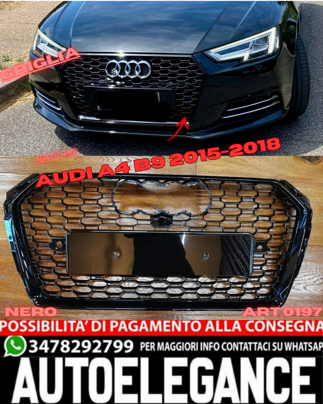 💎AUDI A4 B9 2015-2018 GRIGLIA ANTERIORE CALANDRA RS4 NIDO D'APE BORDO NERO💎