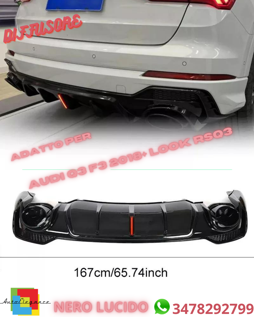 ⭐DIFFUSORE ADATTO PER Q3 F3 2018+ SUV SOLO PER SLINE LOOK RSQ3 NERO LUCIDO