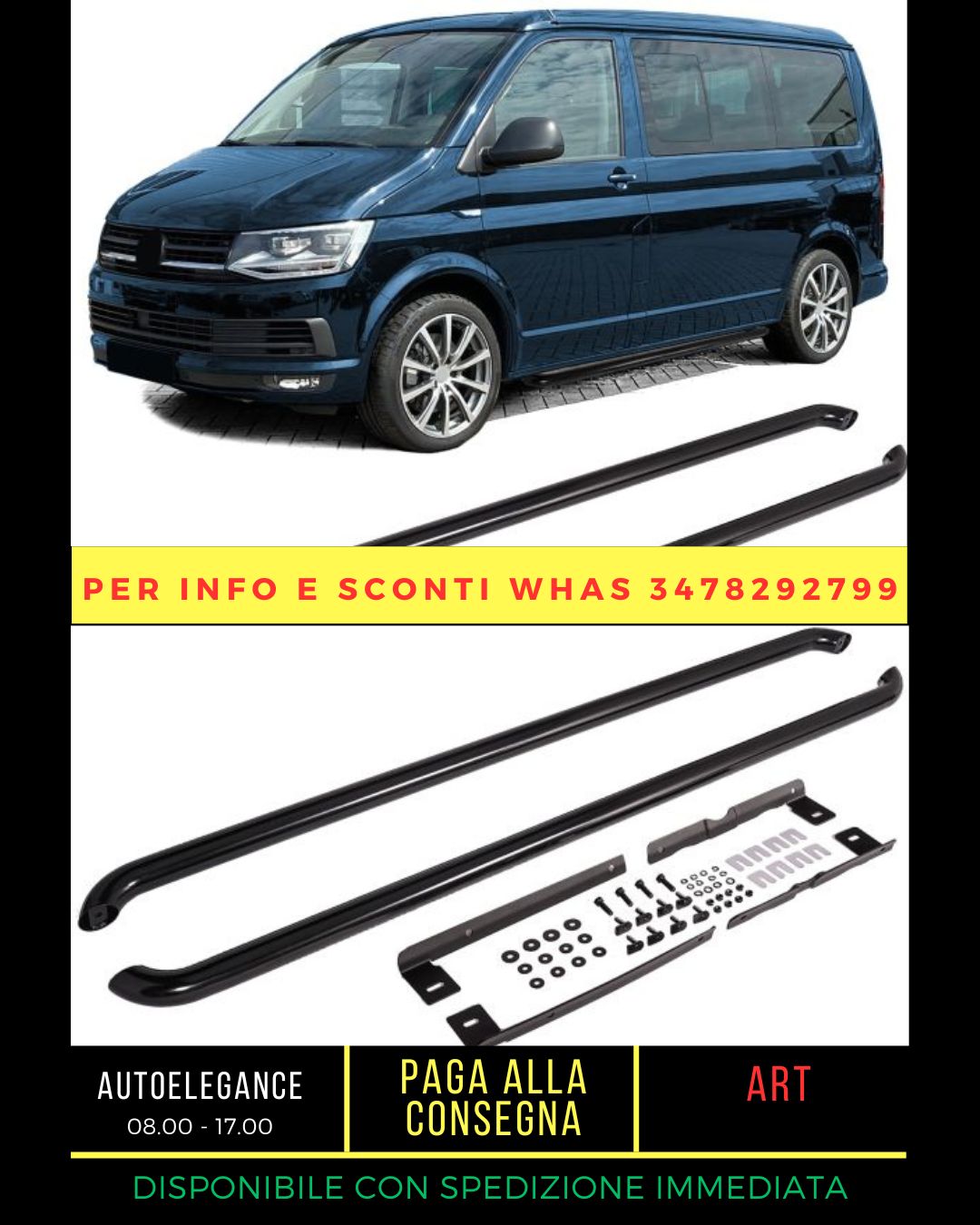 Pedane laterali con tubi in acciaio inox nero per VW T5 T6 T6.1 passo lungo
