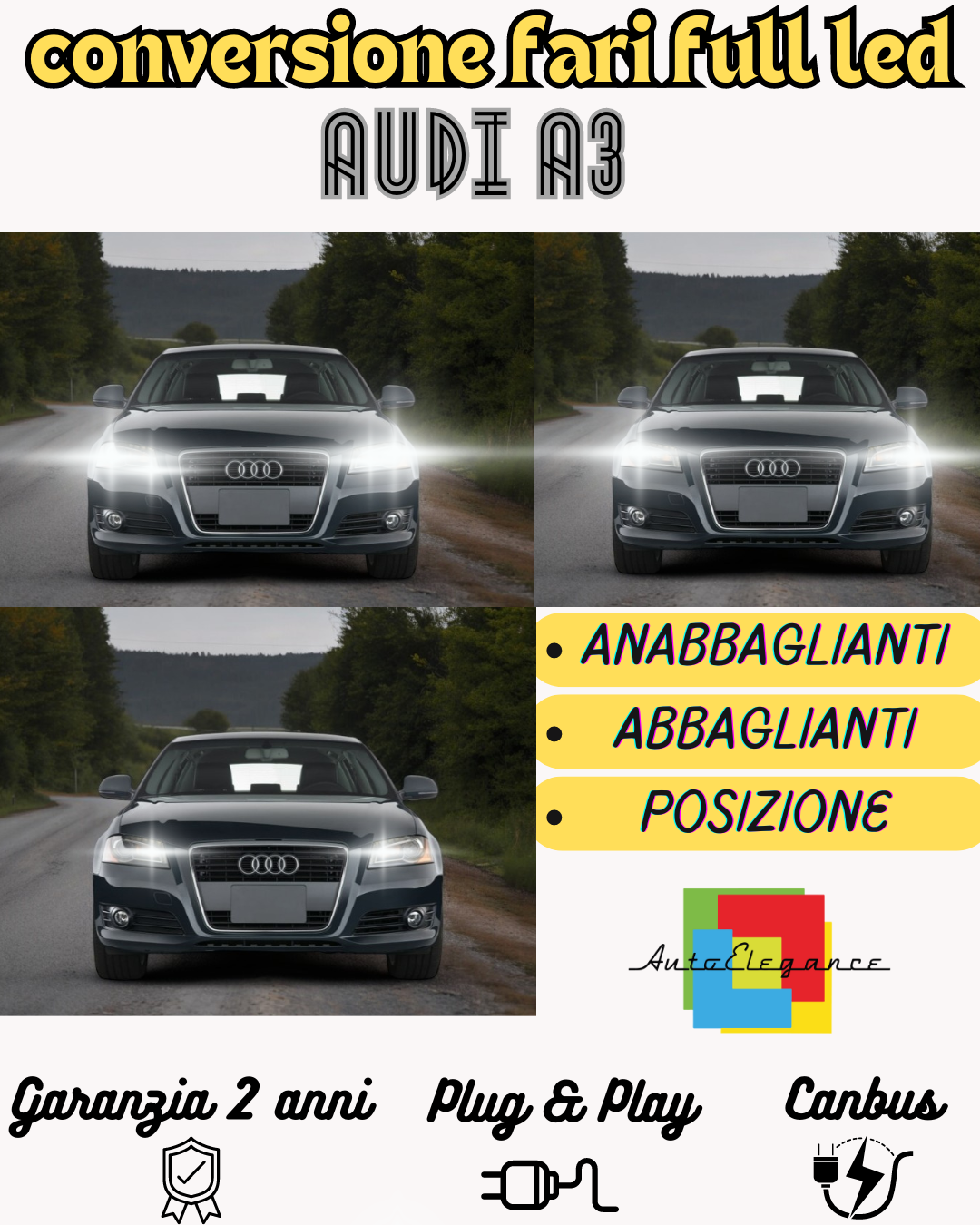 KIT FARI FULL LED AUDI A3 8L ANABBAGLIANTI ABBAGLIANTI LUCI POSIZIONE 6000K