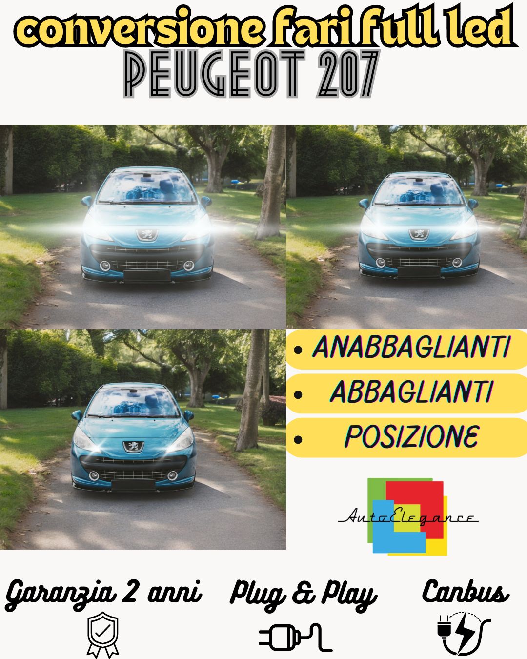 KIT FARI FULL LED PEUGEOT 207 ANABBAGLIANTI ABBAGLIANTI POSIZIONE 6000K BIANCO