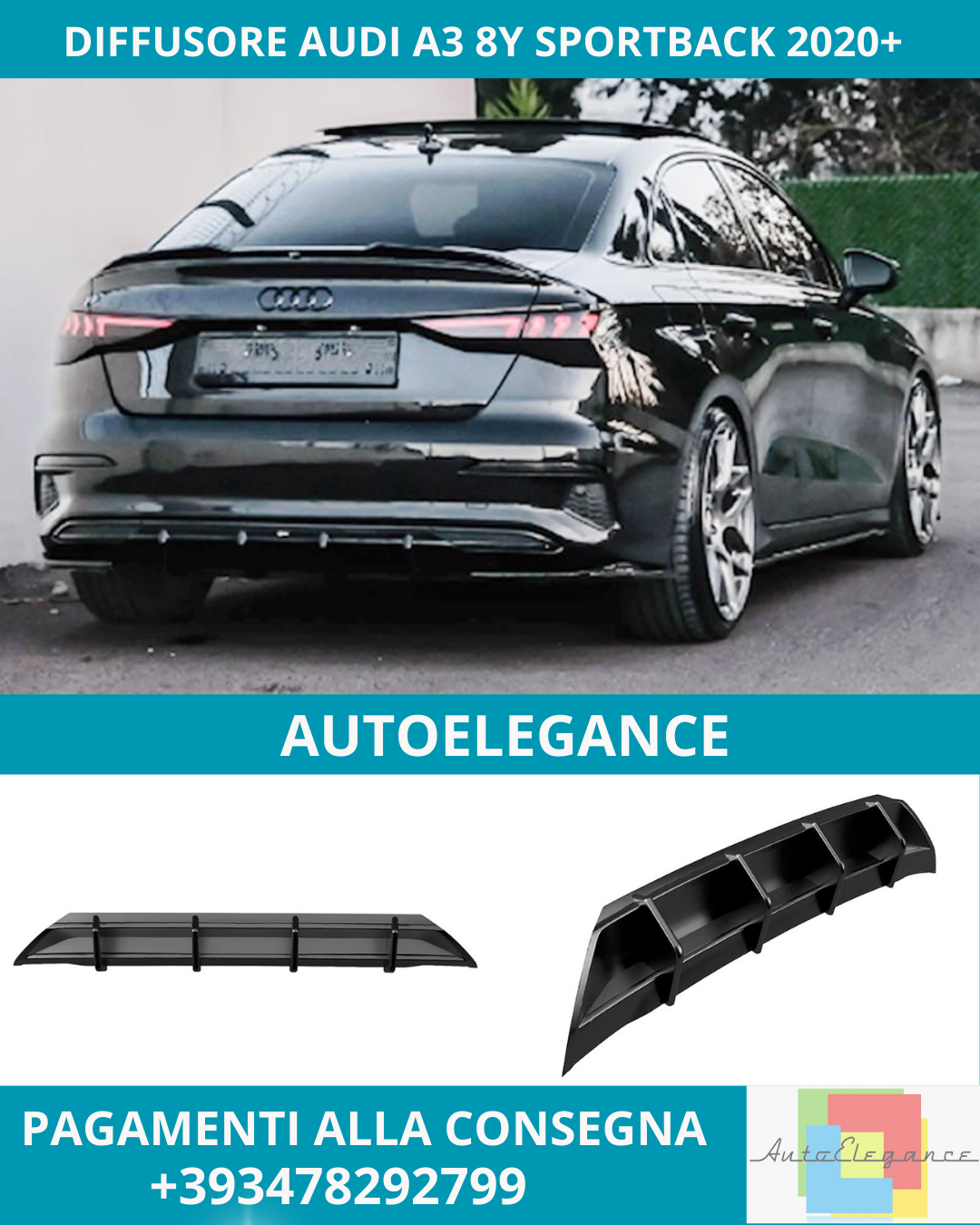 🔥DIFFUSORE AUDI A3 8Y 2020+ ADATTO PER PARAURTI STANDARD SEDAN SPORTBACK🔥