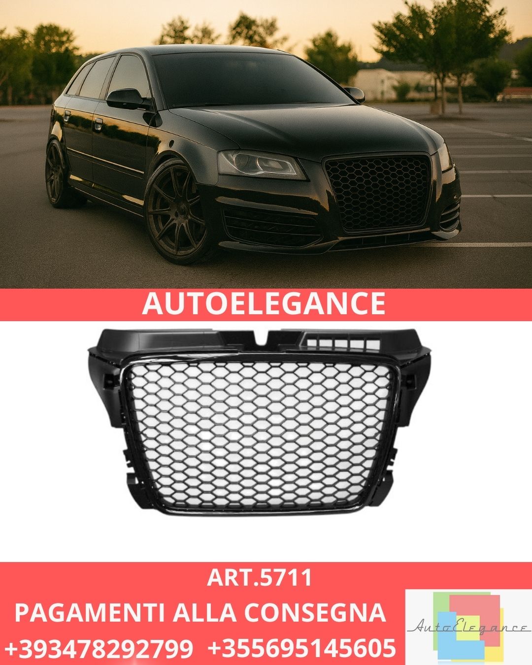 😍ART.5711 GRIGLIA SPORTIVA NERA LUCIDA ADATTO PER AUDI A3 8P 08-12😍