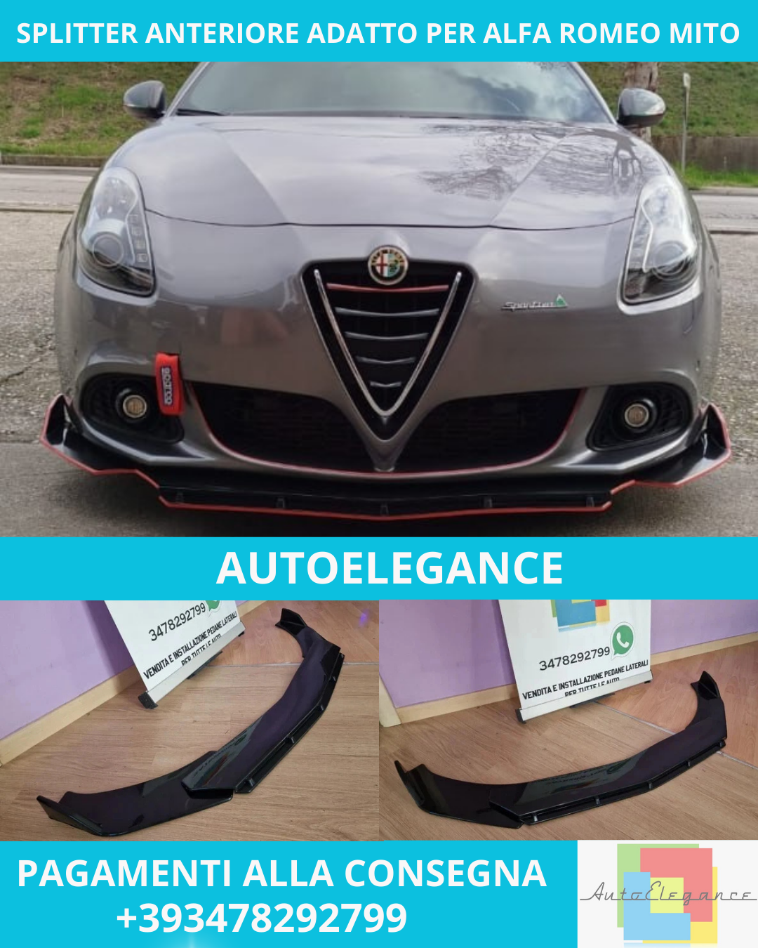 ⭐SPLITTER ANTERIORE ADATTO PER ALFA ROMEO MITO 08+ NERO LUCIDO LOOK RS⭐