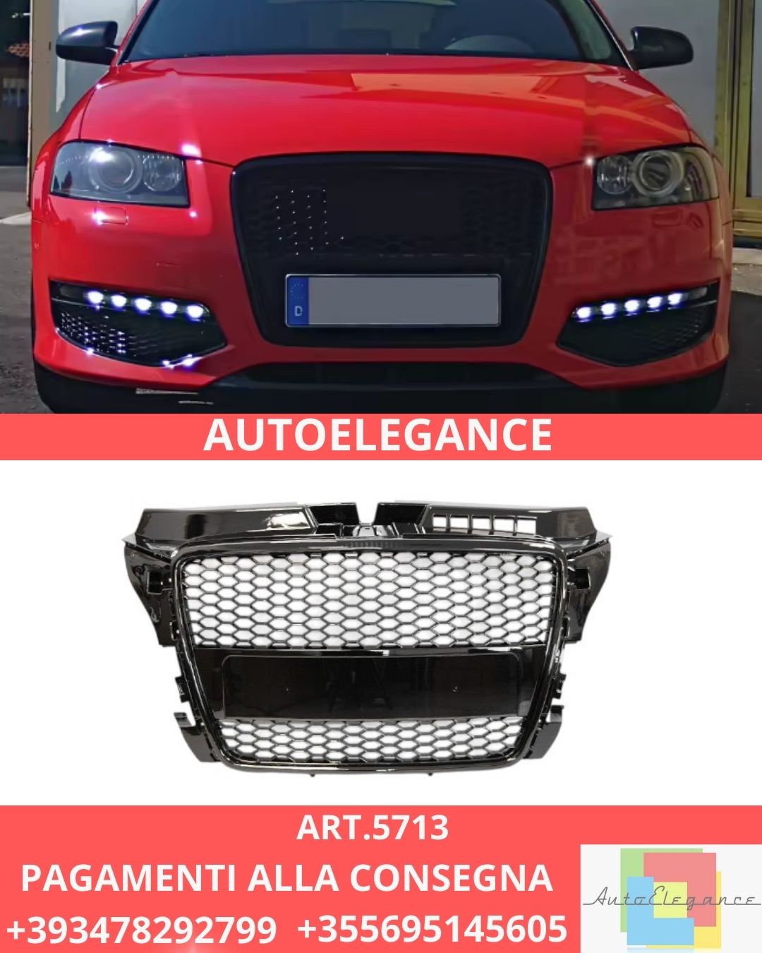 😍ART.5713 GRIGLIA SPORT GLOSSY BLACK ADATTO PER AUDI A3 (8P) 04.08-07.12😍