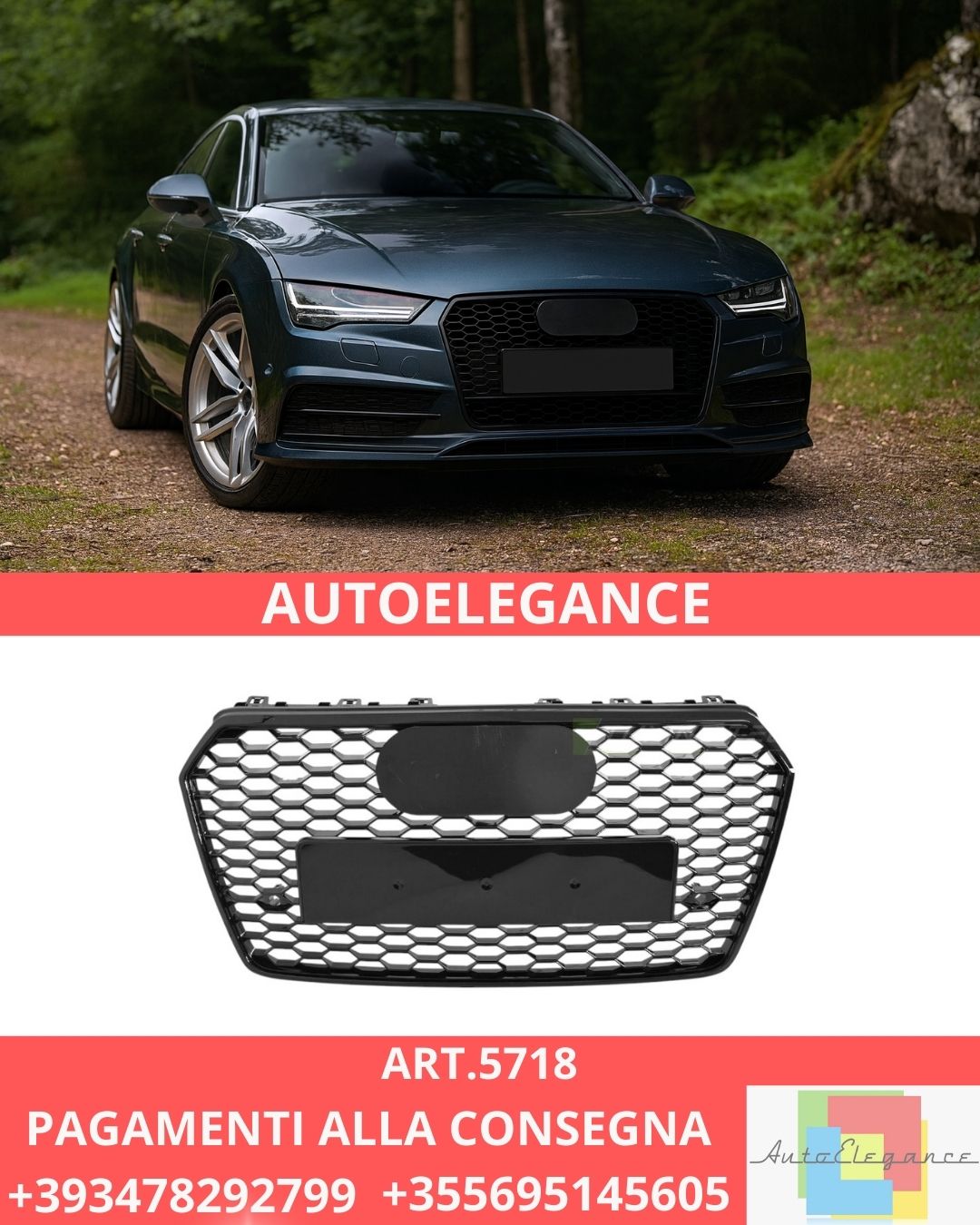 😍ART.5718 GRIGLIA SPORTIVA NERA LUCIDA PDC ADATTO PER AUDI A7 C7 14-18😍