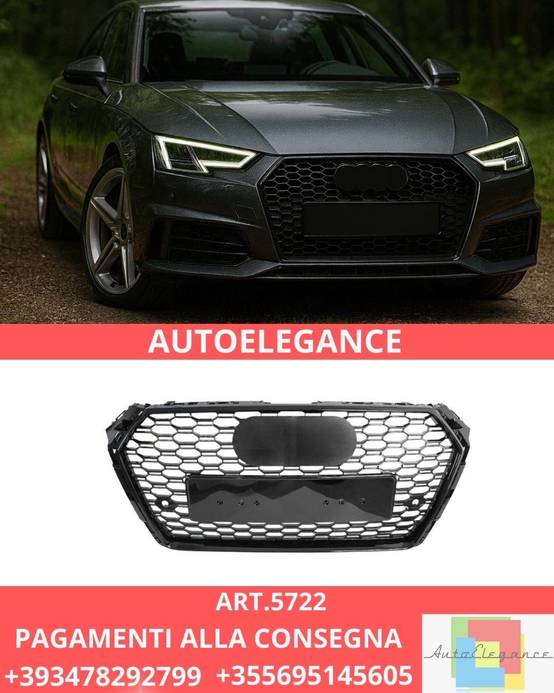 😍ART.5722 GRIGLIA SPORTIVA NERA LUCIDA PDC ADATTO PER AUDI A4 B9 15-19😍