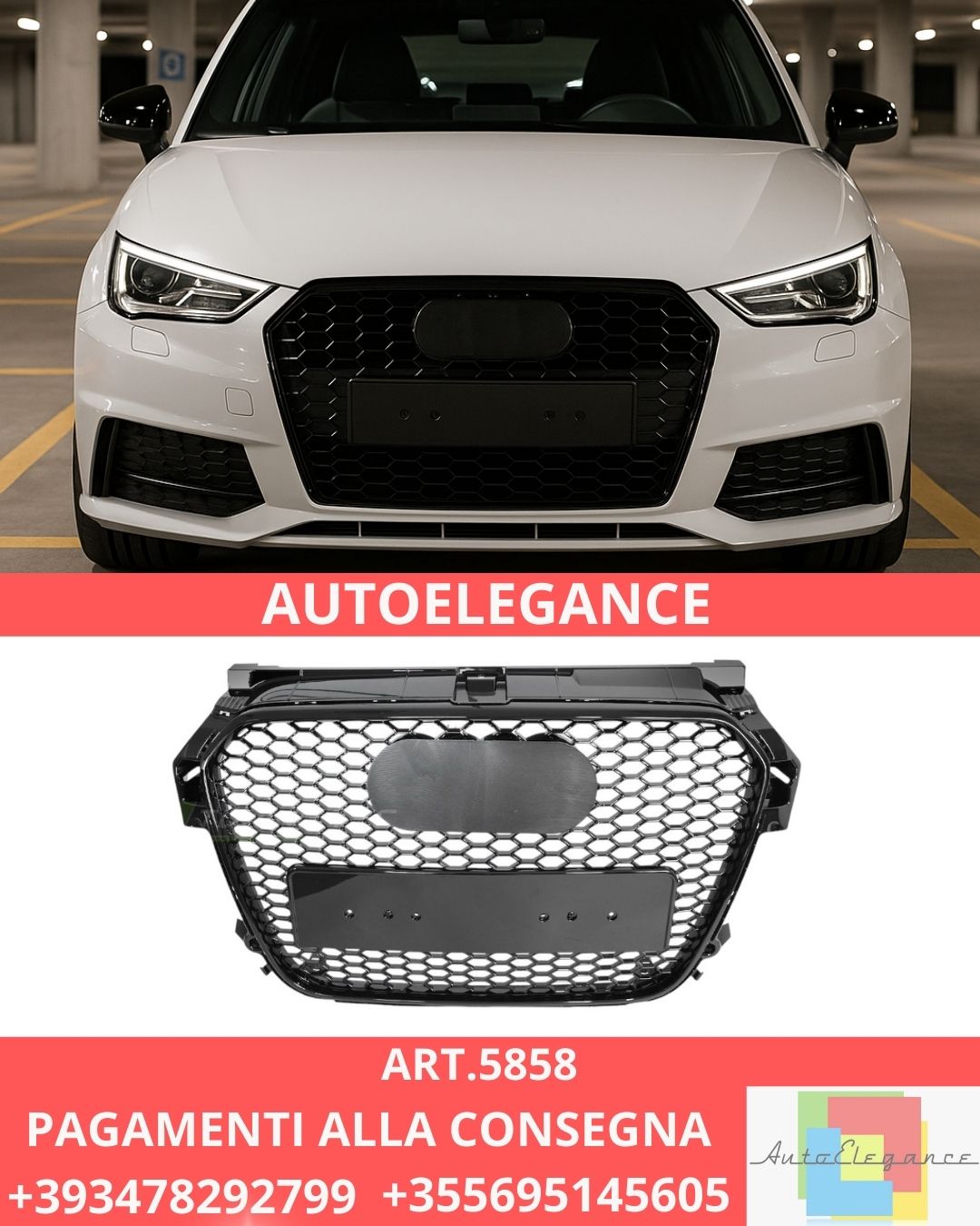😍ART.5858 GRIGLIA SPORTIVA NERA LUCIDA PDC ADATTO PER AUDI A1 8X 10-14😍