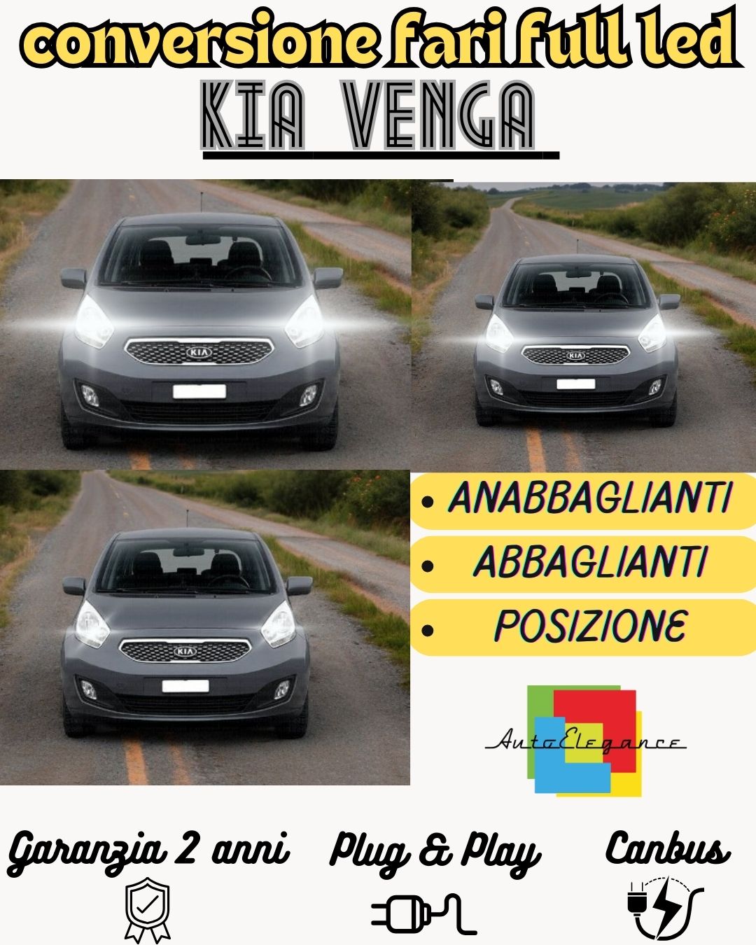 KIT FARI FULL LED KIA VENGA ANABBAGLIANTI ABBAGLIANTI POSIZIONE LED 6000K