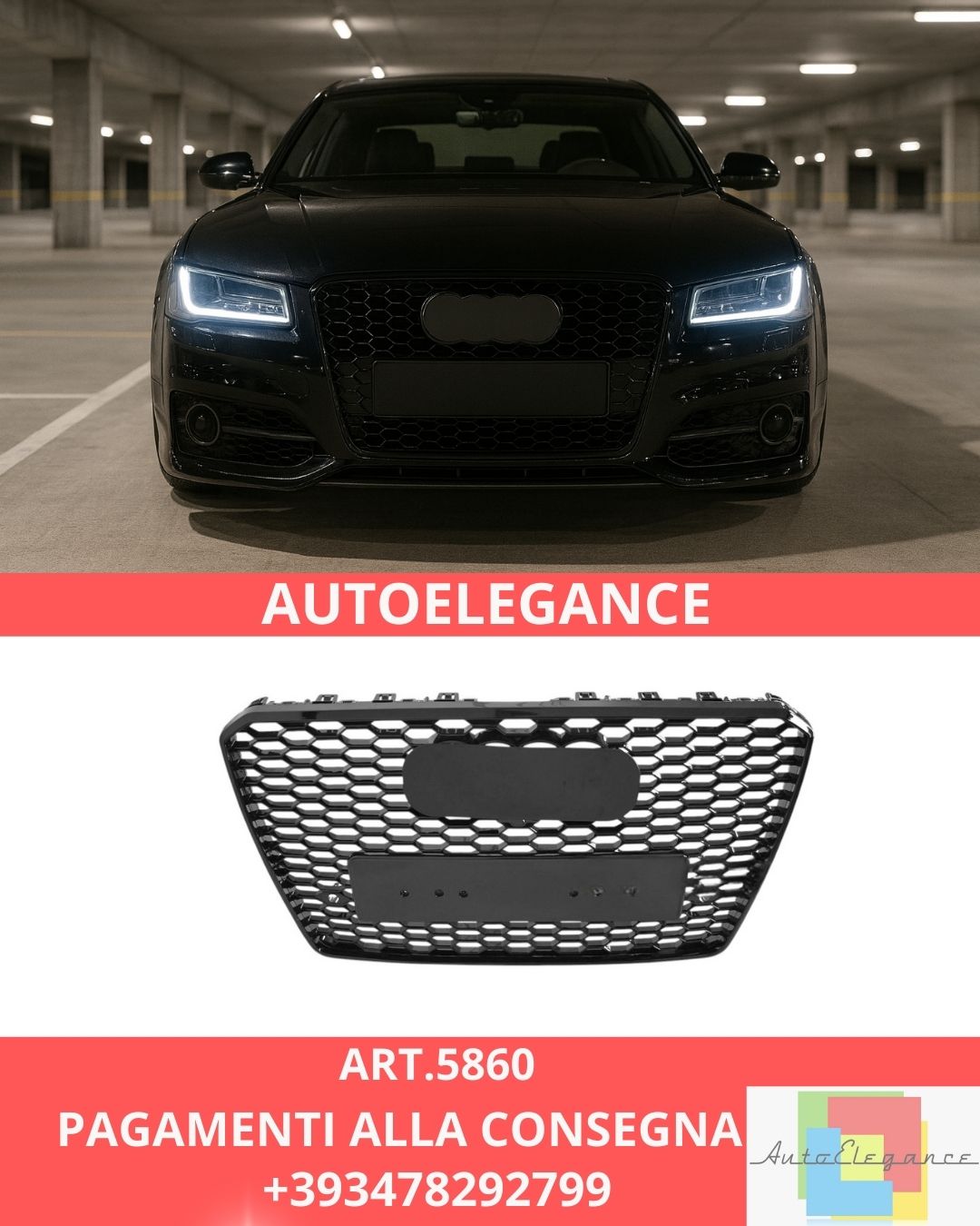 😍ART.5860 GRIGLIA SPORTIVA NERA LUCIDA PDC ADATTO PER AUDI A8 D4 13-17😍