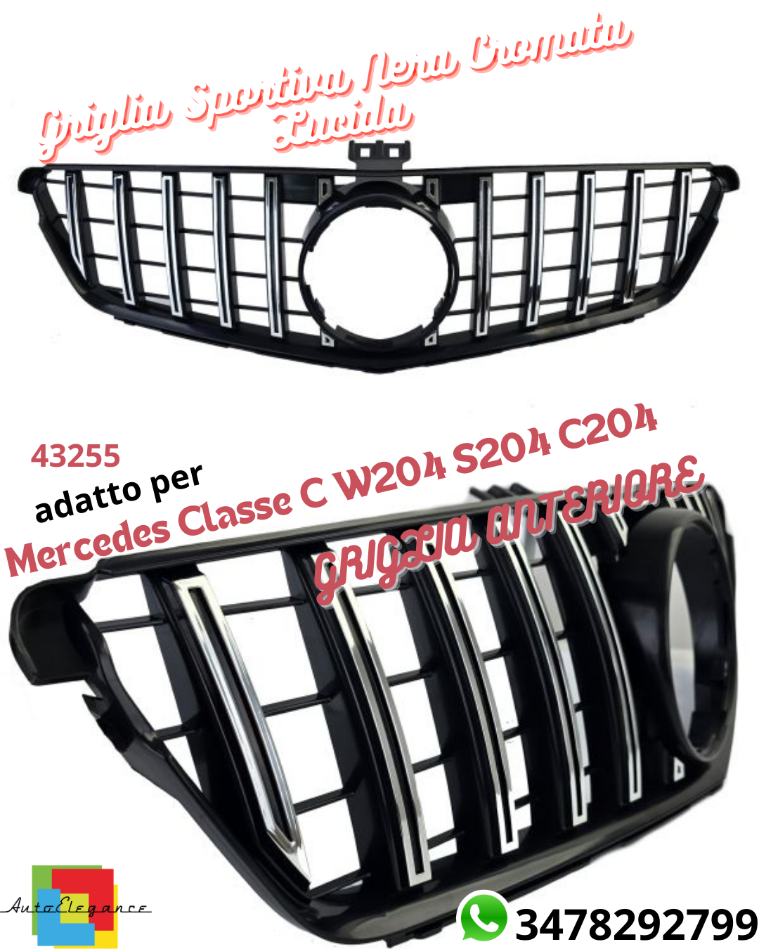 🤩Griglia Sportiva Nera Cromata Lucida Per Mercedes Classe C W204 S204 C204🤩