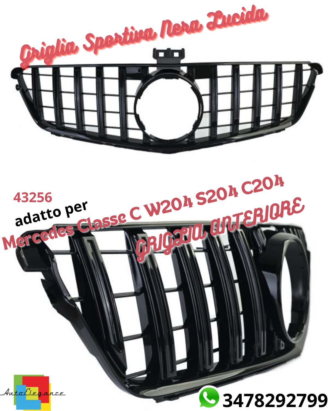 🔝Glossy Black Sports Grille For Mercedes C Class W204 S204 C204🔝