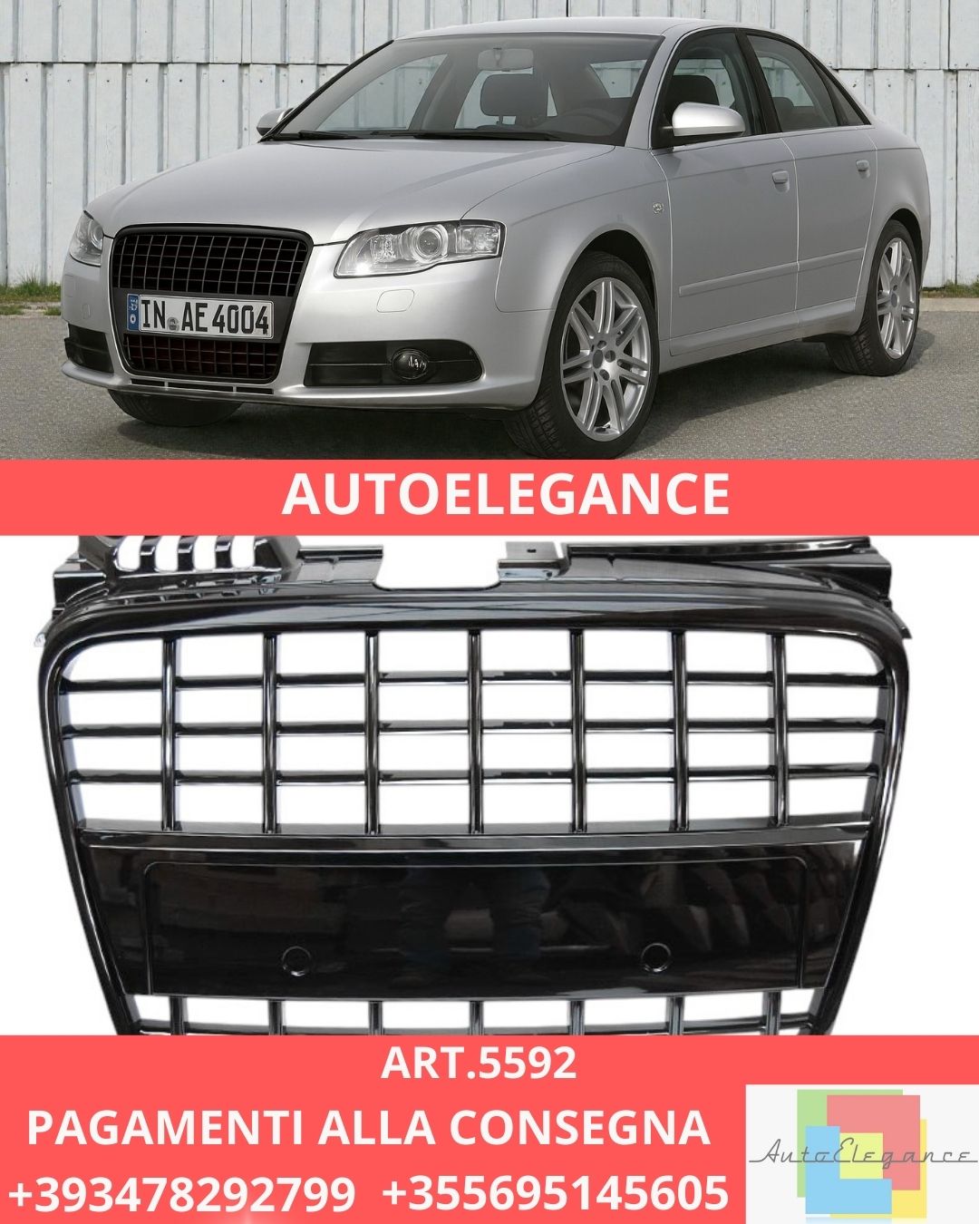 ✨ART.5592 GRIGLIA SPORTIVA NERA LUCIDA adatta ad AUDI A4 B7 04-08T✨