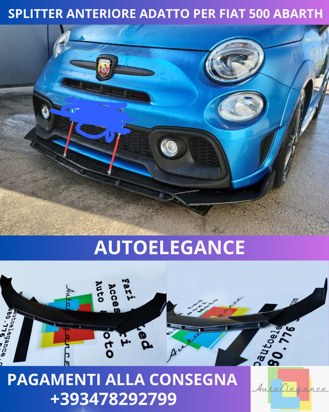 🔥SPLITTER ANTERIORE NERO LUCIDO ADATTO PER FIAT 500 ABARTH 🔥